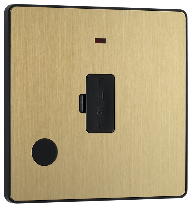 PCDSB54B Front - This Evolve Satin Brass 13A fused and unswitched connection unit from British General provides an outlet from the mains containing the fuse, ideal for spur circuits and hardwired appliances.