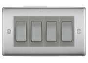 BG Nexus Brushed Steel 4-Gang Light Switch 1x 2-Way + 3x Intermediate – Grey Inserts by British General (BG-Nexus-BS-4G-Combo-3x INT-1x 2WAY-GR)