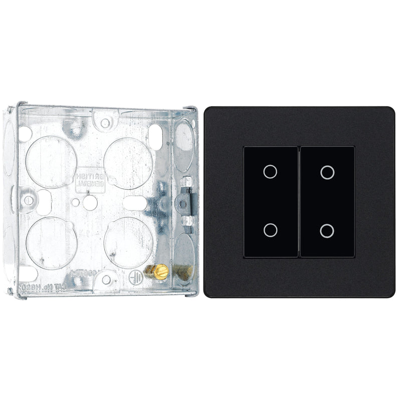 BG Evolve Matt Black 2 Gang 200W Trailing Edge Secondary Touch Dimmer PCDMBTDS2B with 25mm Steel Back Box