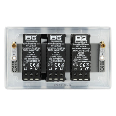 BG Nexus Polished Chrome 3 Gang 200W 2 Way Trailing Edge Push Type Dimmer Switch NPC83 with 35mm Steel Back Box