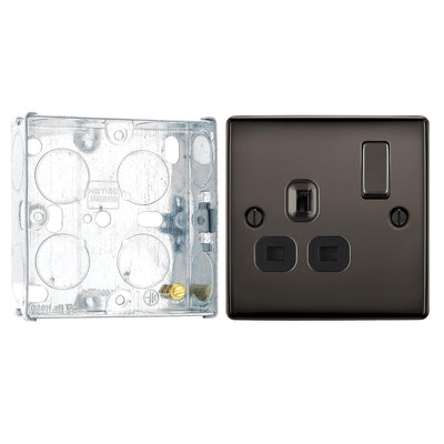 BG Nexus Black Nickel 13A Switched Single Socket NBN21B and 25mm Steel Back Box by British General (BG-NBN21B+HGS02)