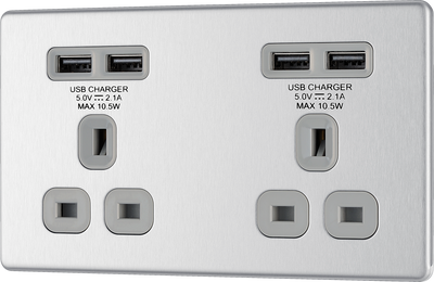 BG Electrical FBS24U44G Nexus Screwless Flat-Plate Unswitched Double Plug Socket Brushed Steel Grey Insert 4 USB 4.2A