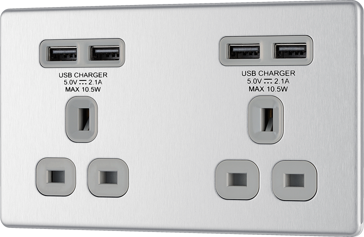 FBS24U44G Front - This completely screwless and slimline flat plate 13A double power socket from British General comes with four USB charging ports allowing you to plug in an electrical device and charge mobile devices simultaneously without having to sacrifice a power socket.