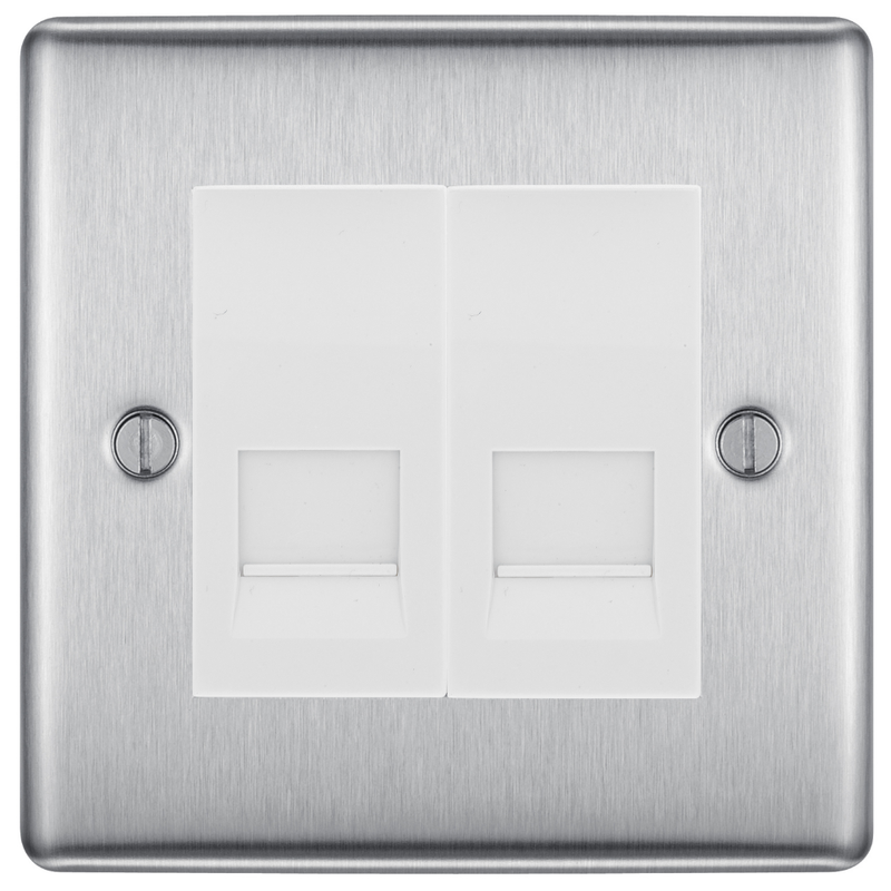 BG Nexus Brushed Steel Double Master Telephone Socket – White Insert