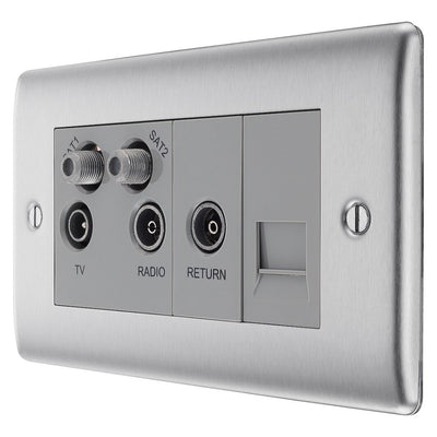 BG Nexus Brushed Steel Quadplex TV FM SAT (x2) NBS69 with 35mm Steel Back Box