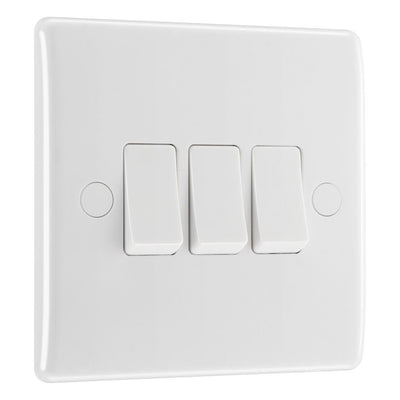 BG Nexus 3 Gang 20A 16AX Triple Wall Light Switch White & 50mm Pattress Back Box