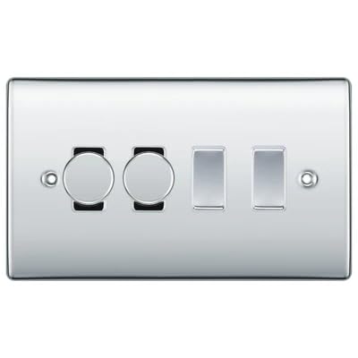 BG Nexus Polished Chrome 4 Gang Switch 2x Trailing Edge LED Dimmer 2x Intermediate Custom Grid Switch by British General (BG-Nexus-PC-4G-CUSTOM-2x-Dimmer-2x-INT)