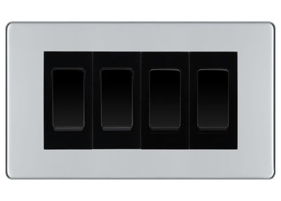 BG Electrical Screwless Polished Chrome 4-Gang Light Switch 1x 2-Way + 3x Intermediate – Black Inserts