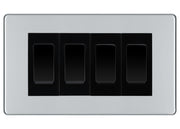 BG Electrical Screwless Polished Chrome 4-Gang Light Switch 1x 2-Way + 3x Intermediate – Black Inserts by British General (BG-SCRL-PC-4G-Combo-3x INT-1x 2WAY-BL)