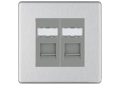 BG Screwless Brushed Steel 2 Gang RJ45 Data Socket FBSRJ452G Grey Inserts by British General (BG-FBSRJ452G)