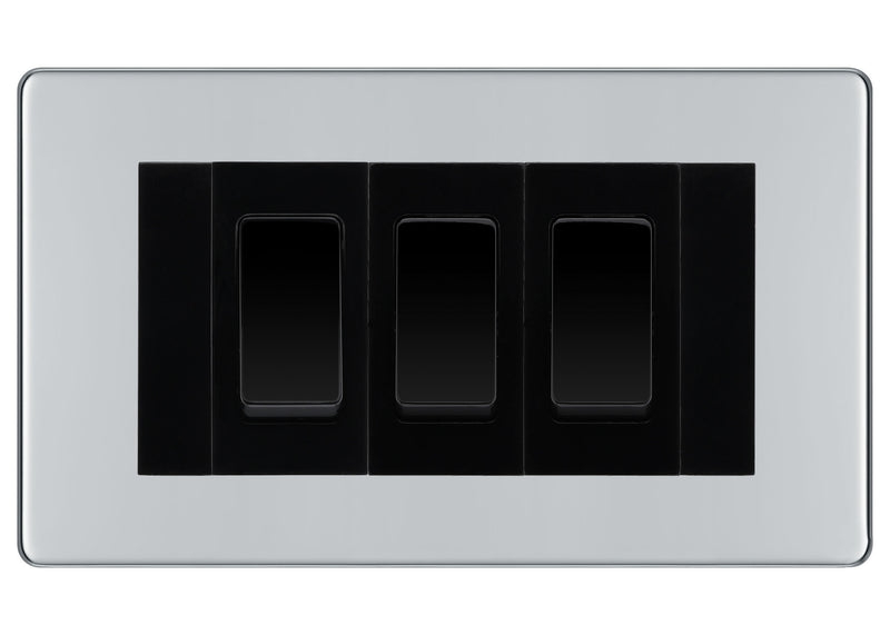 BG Polished Chrome Screwless 3 Gang Intermediate Light Switch Custom Grid - Black Insert