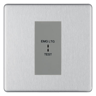 BG Flatplate Screwless Brushed Steel 20AX 2 Way Emergency Lighting Test Key Switch - Key Included - Grey Insert