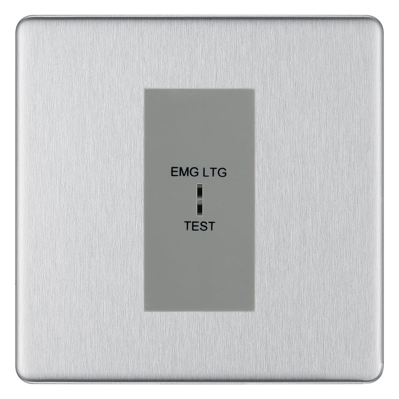 BG Flatplate Screwless Brushed Steel 20AX 2 Way Emergency Lighting Test Key Switch - Key Included - Grey Insert