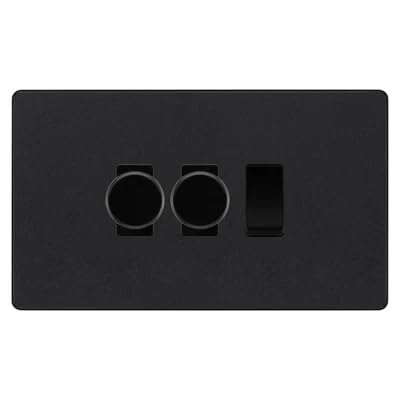 BG Evolve Matt Black 3 Gang Switch 2x Trailing Edge LED Dimmer 1x Intermediate Custom Grid Switch by British General (BG-Evolve-MB-3G-CUSTOM-2x-Dimmer-1x-INT)