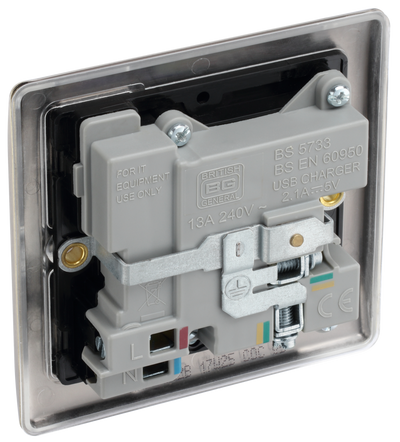 NAB21U2B Back - This 13A single power socket from British General comes with two USB charging ports allowing you to plug in an electrical device and charge mobile devices simultaneously without having to sacrifice a power socket.