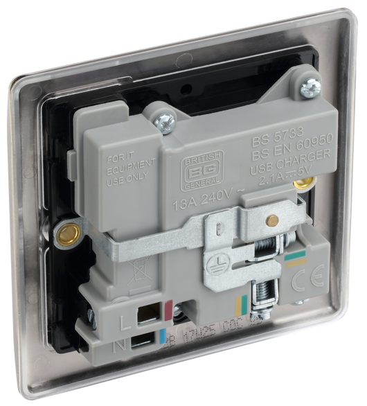 NAB21U2B Back - This 13A single power socket from British General comes with two USB charging ports allowing you to plug in an electrical device and charge mobile devices simultaneously without having to sacrifice a power socket.
