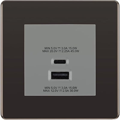BG Black Nickel 45W USB Wall Socket Euro Module USB-A & C - Grey Insert