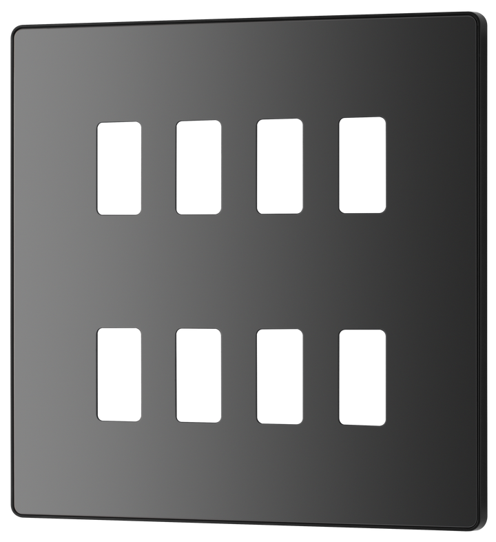 RPCDBC8B Front - The Grid modular range from British General allows you to build your own module configuration with a variety of combinations and finishes. This black chrome finish Evolve front plate clips on for a seamless finish, and can accommodate 8 Grid modules - ideal for commercial applications.