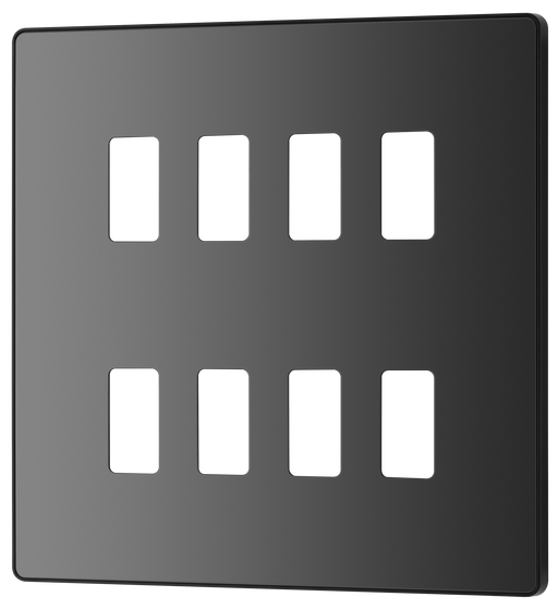 RPCDBC8B Front - The Grid modular range from British General allows you to build your own module configuration with a variety of combinations and finishes. This black chrome finish Evolve front plate clips on for a seamless finish, and can accommodate 8 Grid modules - ideal for commercial applications.