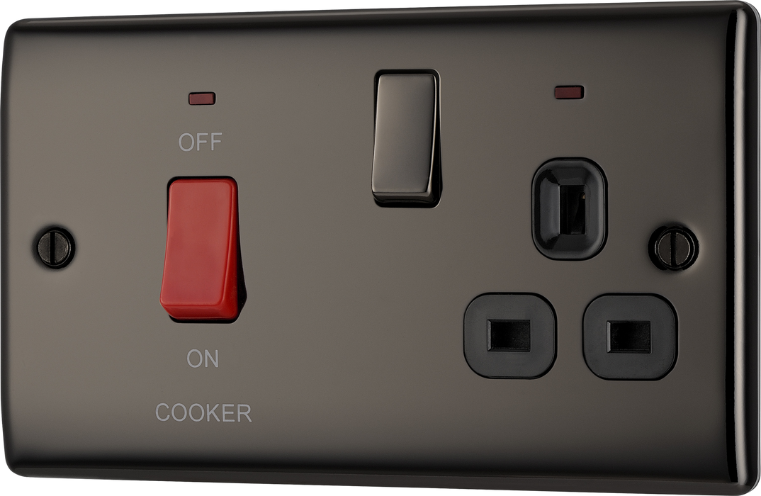 NBN70B Front - This 45A cooker control unit from British General includes a 13A socket for an additional appliance outlet, and has flush LED indicators above the socket and switch.
