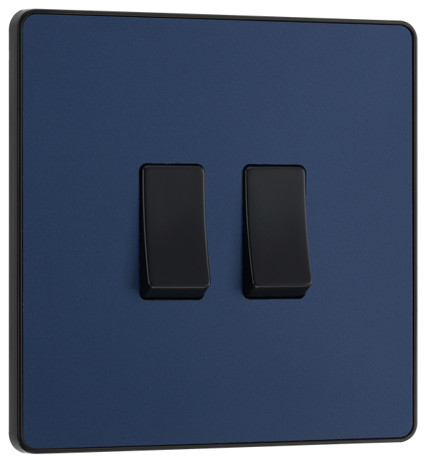 PCDDB42B Front - This Evolve Matt Blue 20A 16AX double light switch from British General can operate 2 different lights, whilst the 2 way switching allows a second switch to be added to the circuit to operate the same light from another location (e.g. at the top and bottom of the stairs).