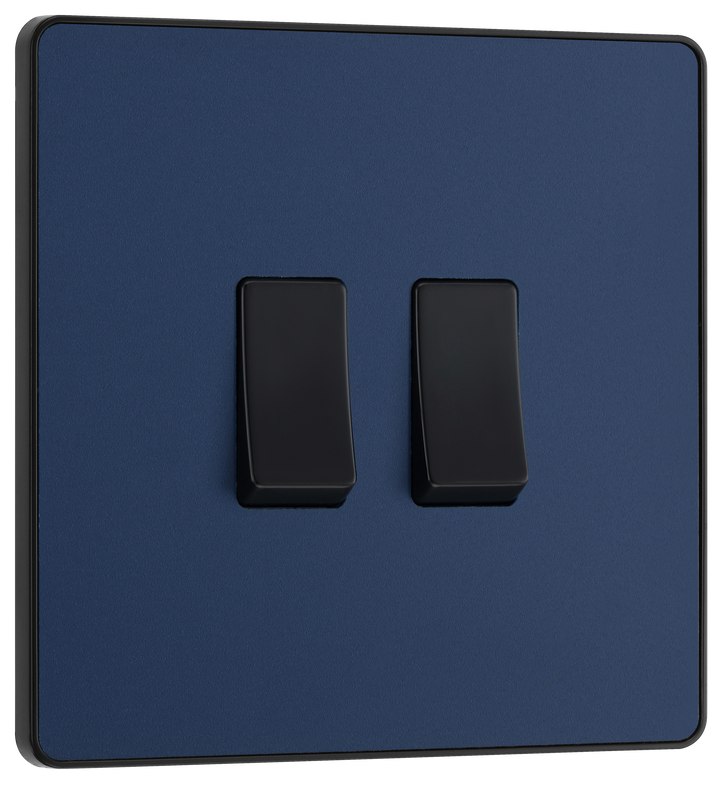 PCDDB42B Front - This Evolve Matt Blue 20A 16AX double light switch from British General can operate 2 different lights, whilst the 2 way switching allows a second switch to be added to the circuit to operate the same light from another location (e.g. at the top and bottom of the stairs).