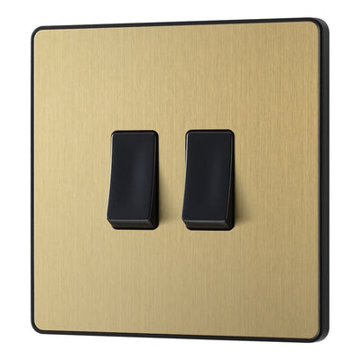 BG Evolve Satin Brass 2 Gang 20A 16AX 2 Way Light Switch PCDSB42B with 25mm Steel Back Box