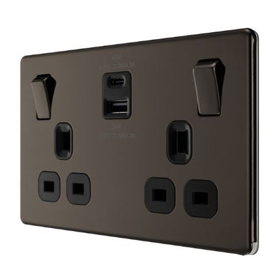 BG Screwless Black Nickel 13A Double USB 45W A+C Ports FBN22UAC45B by British General