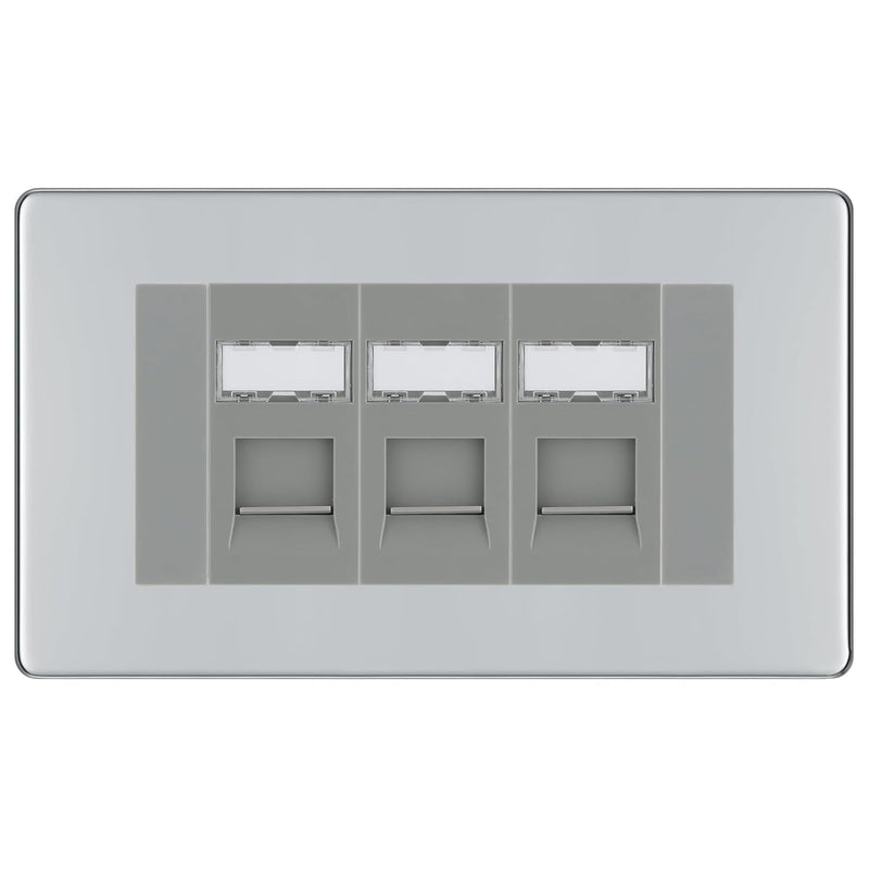 BG Screwless Polished Chrome 3 Gang RJ45 Cat6 Data Socket Outlet Grey Inserts