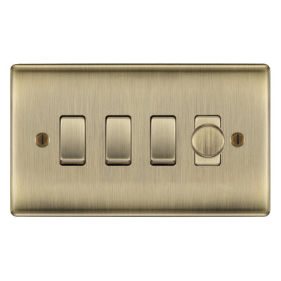 BG Antique Brass 4 Gang Switch 1x Trailing Edge LED Dimmer 3x 2 Way Custom Grid by British General (NEXUS-AB-4G-CUSTOM-DIMMER-3x-2Way-Single)