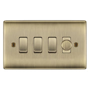 BG Antique Brass 4 Gang Switch 1x Trailing Edge LED Dimmer 3x 2 Way Custom Grid by British General (NEXUS-AB-4G-CUSTOM-DIMMER-3x-2Way-Single)