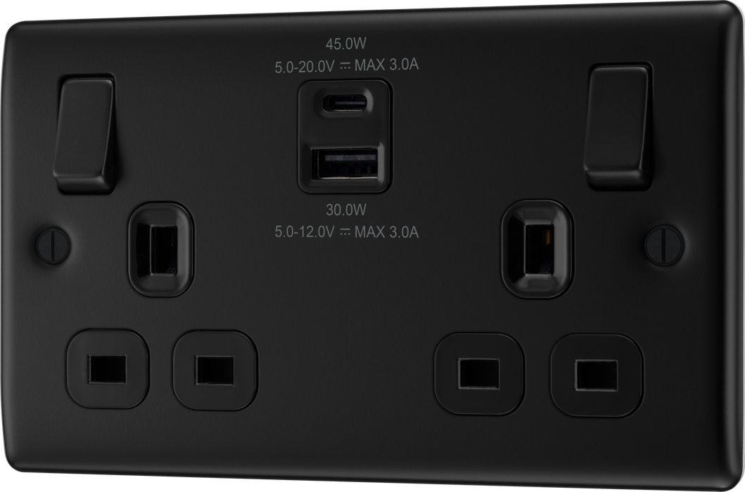 BG NFB22UAC45B Nexus Metal Matt Black 2 Gang 13A 1x USB-QC A 30W 1x USB-PD C 45W Switched Socket
