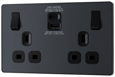 PCDMG22UAC30B Front - This Evolve Matt Grey 13A power socket from British General with integrated fast charge USB-A and USB-C ports delivers a 50% charge to mobile phones in just 30 minutes.