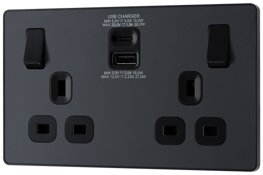 PCDMG22UAC30B Front - This Evolve Matt Grey 13A power socket from British General with integrated fast charge USB-A and USB-C ports delivers a 50% charge to mobile phones in just 30 minutes.