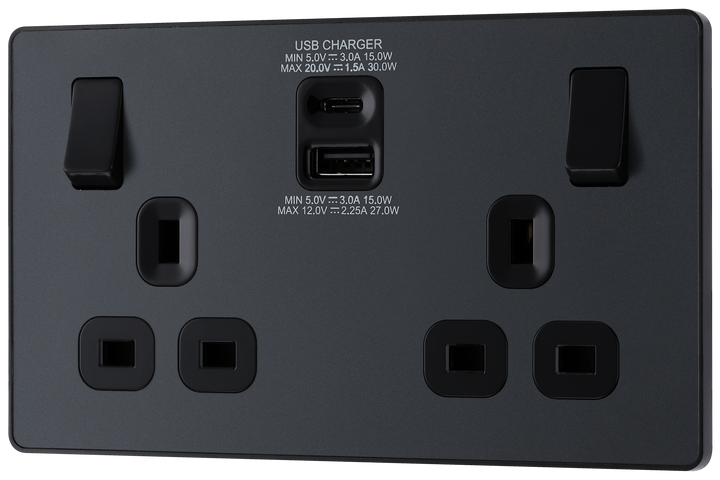 PCDMG22UAC30B Front - This Evolve Matt Grey 13A power socket from British General with integrated fast charge USB-A and USB-C ports delivers a 50% charge to mobile phones in just 30 minutes.