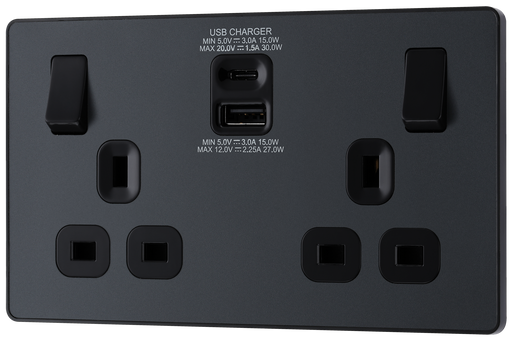PCDMG22UAC30B Front - This Evolve Matt Grey 13A power socket from British General with integrated fast charge USB-A and USB-C ports delivers a 50% charge to mobile phones in just 30 minutes.