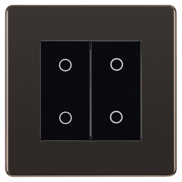 BG Nexus Screwless Black Nickel Double Master Touch Dimmer Switch Black Inserts FBNTDM2B