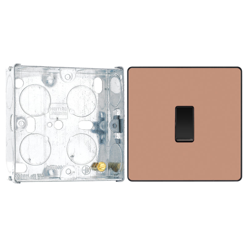 BG Evolve Polished Copper 1 Gang 20A 16AX 2 Way Light Switch PCDCP12B with 25mm Steel Back Box