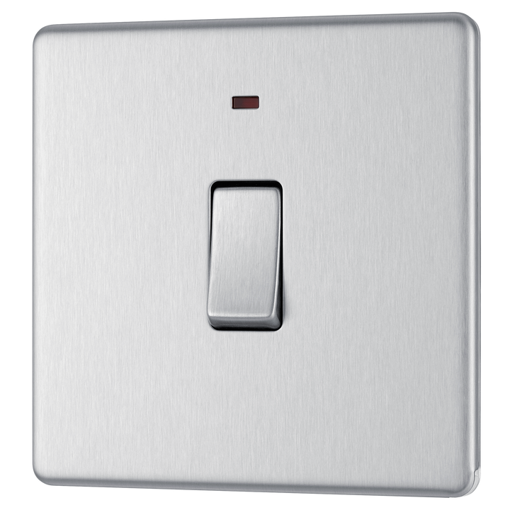 FBS31 Front - This Screwless Flat plate brushed steel finish 20A double pole switch with indicator from British General has been designed for the connection of refrigerators water heaters, central heating boilers and many other fixed appliances.