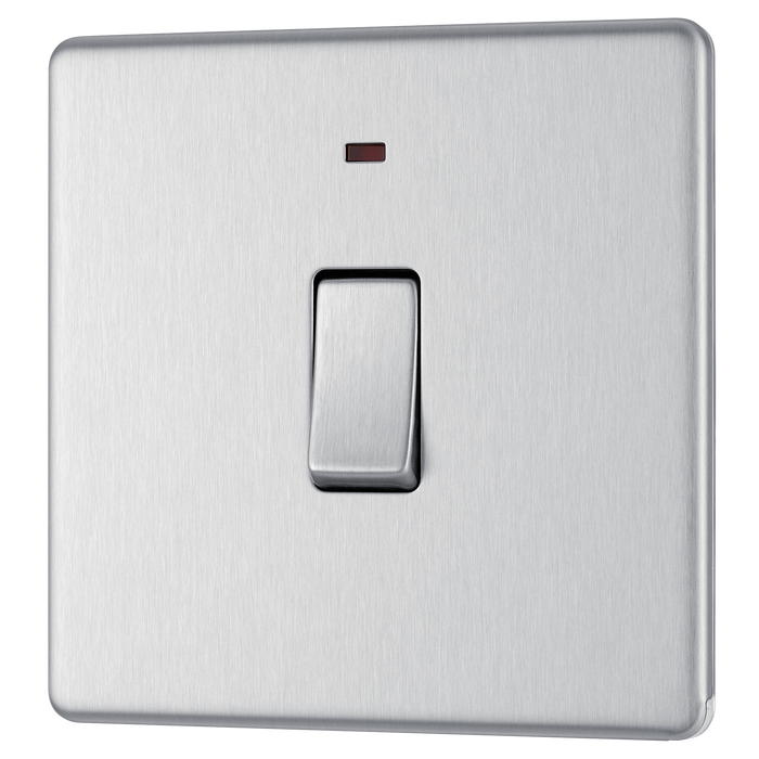 FBS31 Front - This Screwless Flat plate brushed steel finish 20A double pole switch with indicator from British General has been designed for the connection of refrigerators water heaters, central heating boilers and many other fixed appliances.
