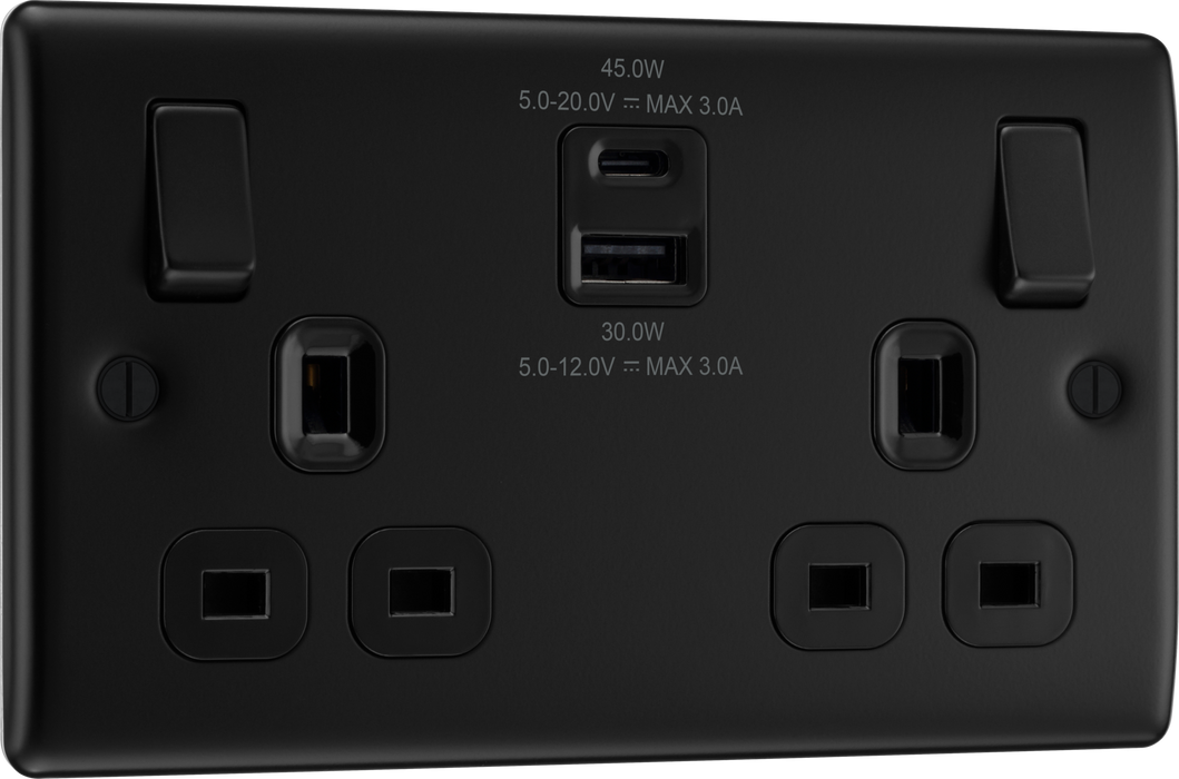 BG NFB22UAC45B Nexus Metal Matt Black 2 Gang 13A 1x USB-QC A 30W 1x USB-PD C 45W Switched Socket