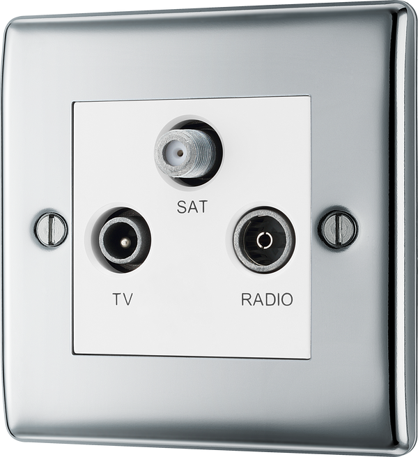 NPC67W Front - This screened Triplex socket from British General has an outlet for TV FM and satellite, with each outlet clearly labelled for ease of identification.