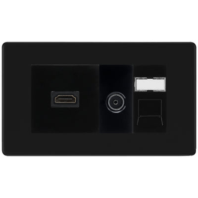 BG Screwless Matt Black Media Wall Plate TV Aerial, HDMI & CAT6 Outlet – Black Insert by British General