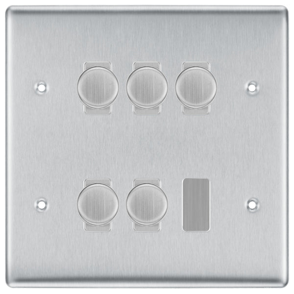 BG Brushed Steel 5 Gang Trailing Edge LED Dimmer Light Switch 2 Way Custom Switch