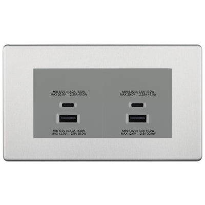 BG Screwless Brushed Steel 4G Faceplate with 45W USB A+C Charger Modules – Grey Insert by British General (BG-FBSEMR4+EMUSBAC45G)