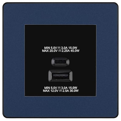 BG Evolve Matt Blue 45W USB Wall Socket Euro Module USB-A & C - Black Insert by British General (BG-PCDDBEMS2B+EMUSBAC45B)