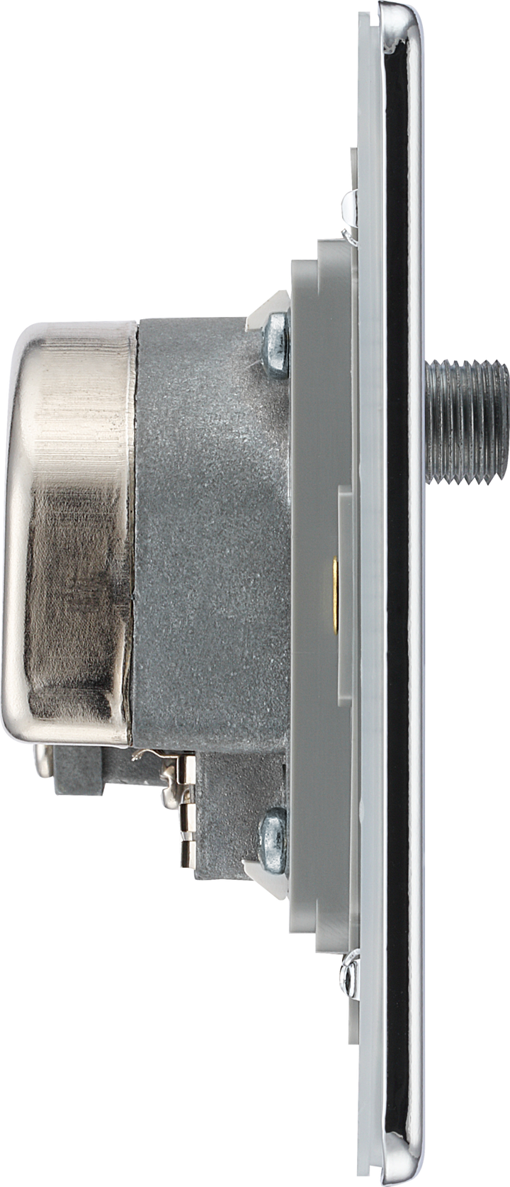 FPC69 Side - This screened Quadplex socket from General has an outlet for TV FM and 2 satellites, plus a return British and shuttered telephone socket.