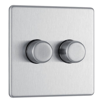 BG Screwless Brushed Steel 200W 2 Way Double Trailing Edge Dimmer Switch FBS82 with 25mm Steel Back Box