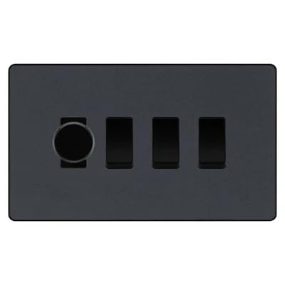 BG Evolve Matt Grey 4 Gang Switch 1x Trailing Edge LED Dimmer 3x Intermediate Custom Grid Switch by British General (BG-Evolve-MG-4G-CUSTOM-1x-Dimmer-3x-INT)