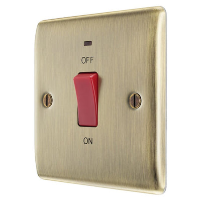 BG Nexus Antique Brass Single Plate 45A DP Neon Cooker Switch with Surface Pattress Back Box
